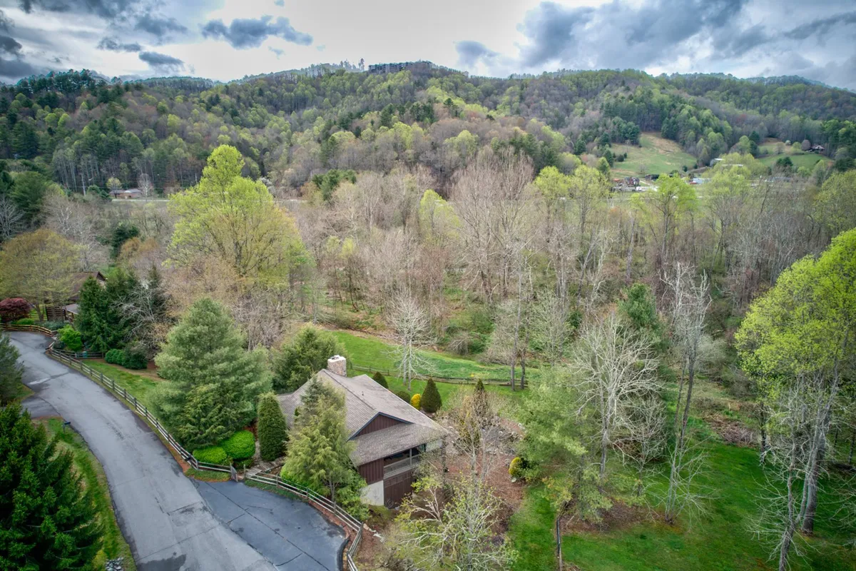A wide view of the house nestled among tall trees, with a road leading up to it and a spacious yard that invites exploration. The setting is immersed in the natural landscape, suggesting proximity to mountain trails and the Blue Ridge Parkway. The house itself appears as a welcoming mountain retreat amidst the wilderness.